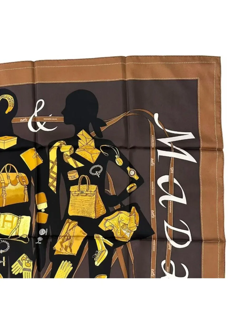 Hermes Scarf Carre 90 Monsieur Et Madame & All Over Print Brown